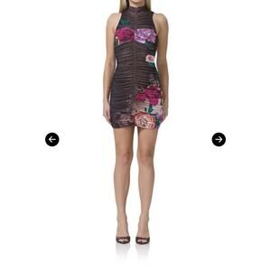 AFRM Ruched Mesh Floral Mini Dress Mock Neck Bodycon Romantic M